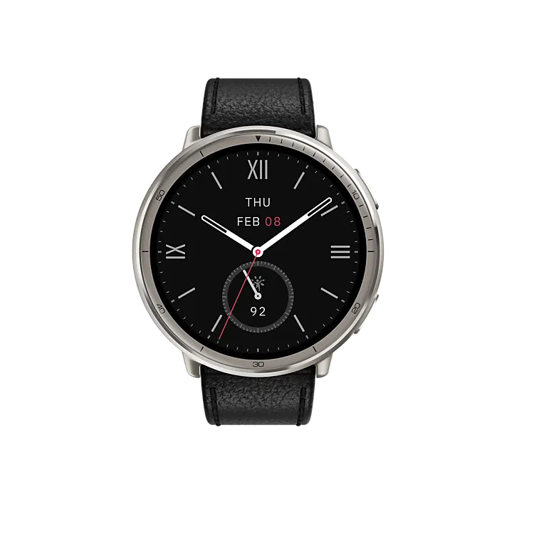 Montre - Amazfit Active 2 Round Black Leather - écran 1,32" AMOLED - 466x466 - batterie 270 mAh - étanche 5 ATM - Autonomie de la batterie 10 jours - Poids 29.5 g -  Bracelet Cuir Noir - montre Argent.